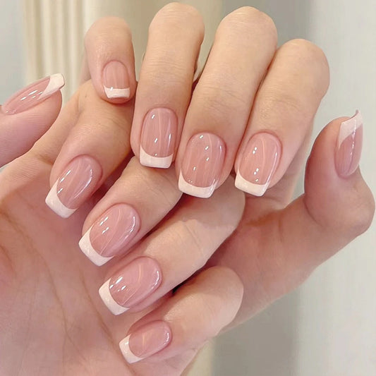 120Pcs=24*5 French Short Square Coffin False Nail White Pink Simple Wearable Fake Nails Glossy Full Cover Press on Nail Tips Art.