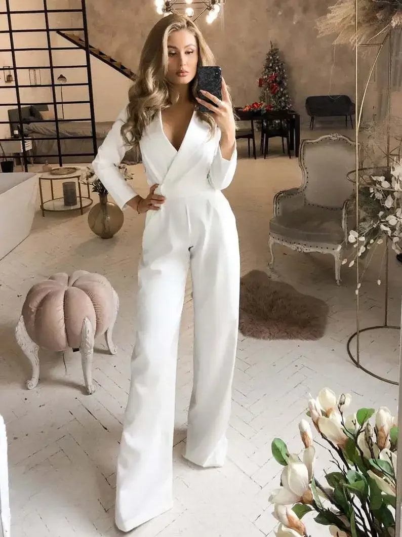 Slim Fit One Piece Pants V Neck Solid Color Long Pants Autumn New Style Commuter Women's Clothing Pure Color Overalls.