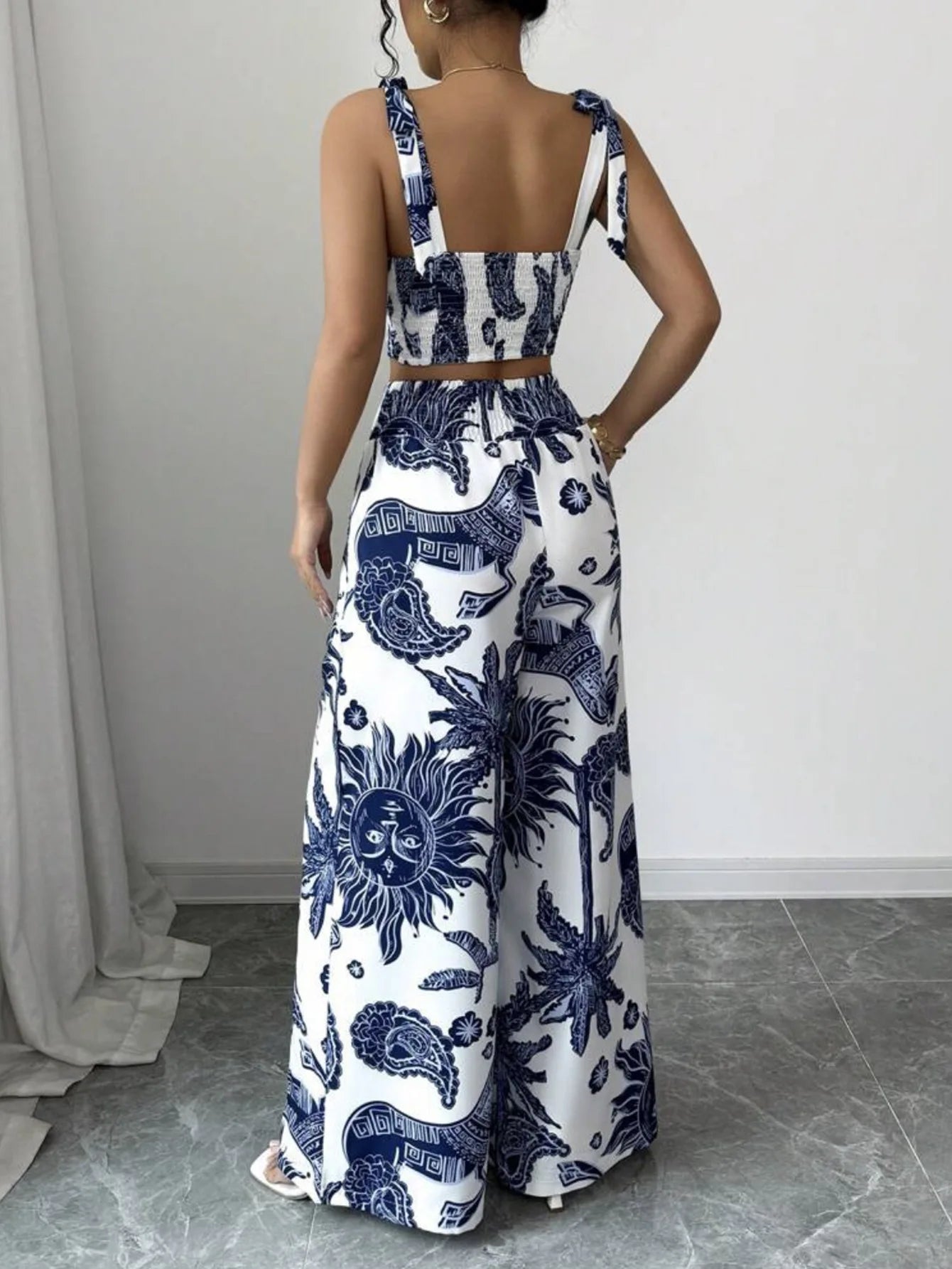 Two Piece Sets Women Pant Print Sling Tops High Waist Wide Leg Pants Drawstring Matching Sets Casual Backless Tops Summer 2025.