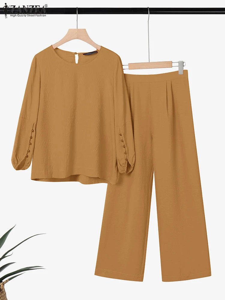 Fashion Women Two Piece Outfit ZANZEA Long Sleeve Top 2025 Autumn Casual High Waist Long Pants Sets Solid 2PCS Suits Tracksuit.