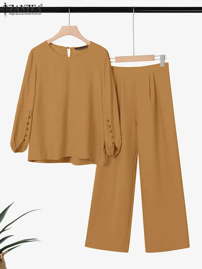 Fashion Women Two Piece Outfit ZANZEA Long Sleeve Top 2025 Autumn Casual High Waist Long Pants Sets Solid 2PCS Suits Tracksuit.