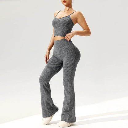 2pcs/set Seamless Flared Pants Ribbed Tank Top Outfit Women Gym Yoga Clothes Flared Trousers Vest Set Sexy for Clubs Date Nights.