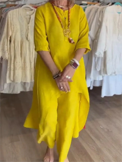 Spring Autumn Solid Color O Neck Seven-point Sleeve Long Women Suit Retro Casual Loose Seven-point Pants Cotton Linen 2piece Set.