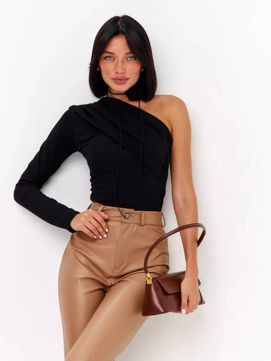 Women's One Shoulder Fit Sexy Night Club Blouse Top Women's Long Sleeve Fitted Elegant With Open Shoulder And Draping Shirt Top.