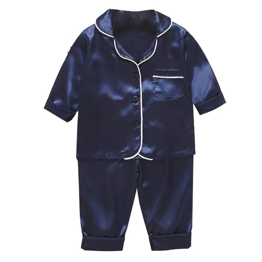 Koreanische Version des Kinder-Pyjama-Sets aus Seidensatin mit langen Ärmeln und Hose, zweiteiliges einfarbiges Cartoon-Set für männliche Babys.