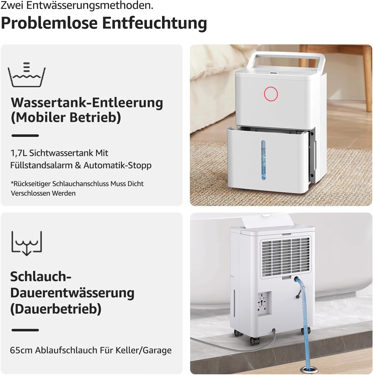 Dehumidifier with 4 operating modes, digital display, drain hose, for 150 m³ rooms, dehumidification 9l/day.