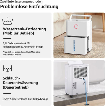 Dehumidifier with 4 operating modes, digital display, drain hose, for 150 m³ rooms, dehumidification 9l/day.