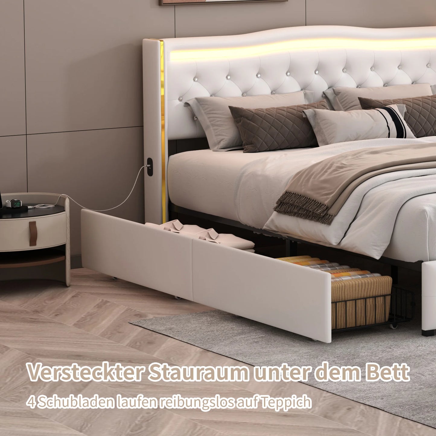 Rosahqnda Modernes Doppelbettgestell aus weißem PU-Leder, vergoldetes Kopfteil mit vier Schubladen ohne Matratze