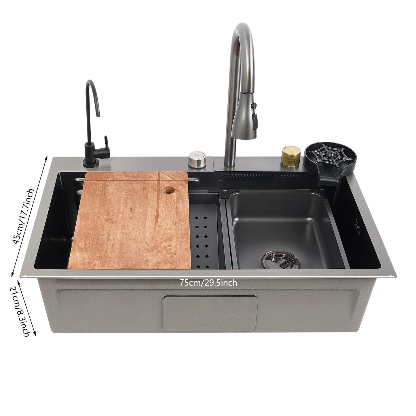 75 cm große Küchenspüle aus Edelstahl, Haushaltsspülbecken-Set mit großem Fassungsvermögen und mehreren Zubehörteilen, 3 Wasserausgangsmodi