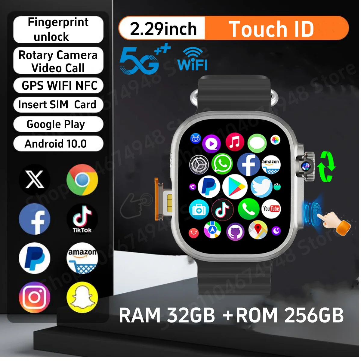 DW100 Pro Android Smartwatch Fingerprint Unlock Control Smart Watch 256GB ROM Free Download App WIFI GPS Camera 2.29inch Amoled.
