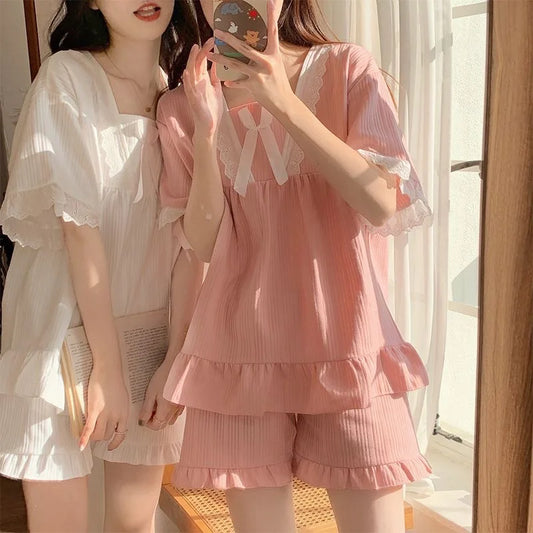 Palast Stil Pyjama Damen Sommer Lounge wear Set kurz ärmelig mit Kissen koreanische kleine süße Freundinnen Lounge wear Set