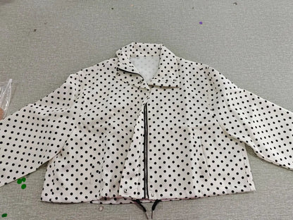 TRAFZA Herbst Polka Dot Gedruckt Jacke Für Frauen Lange Ärmel Rollkragen Zipper Mit Taschen Kordelzug Lose Vintage Mäntel