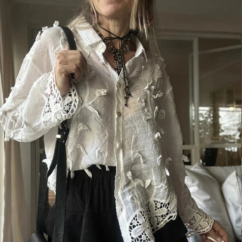 Casual Solid Color Long Sleeve Vacation Shirts Elegant Lapel Floral Hollow Out Blouse Fashion Women Single Breasted Commute Tops.