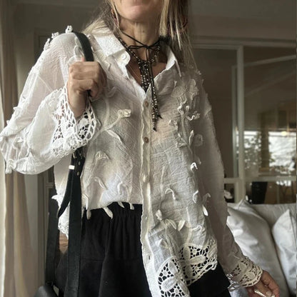 Casual Solid Color Long Sleeve Vacation Shirts Elegant Lapel Floral Hollow Out Blouse Fashion Women Single Breasted Commute Tops.