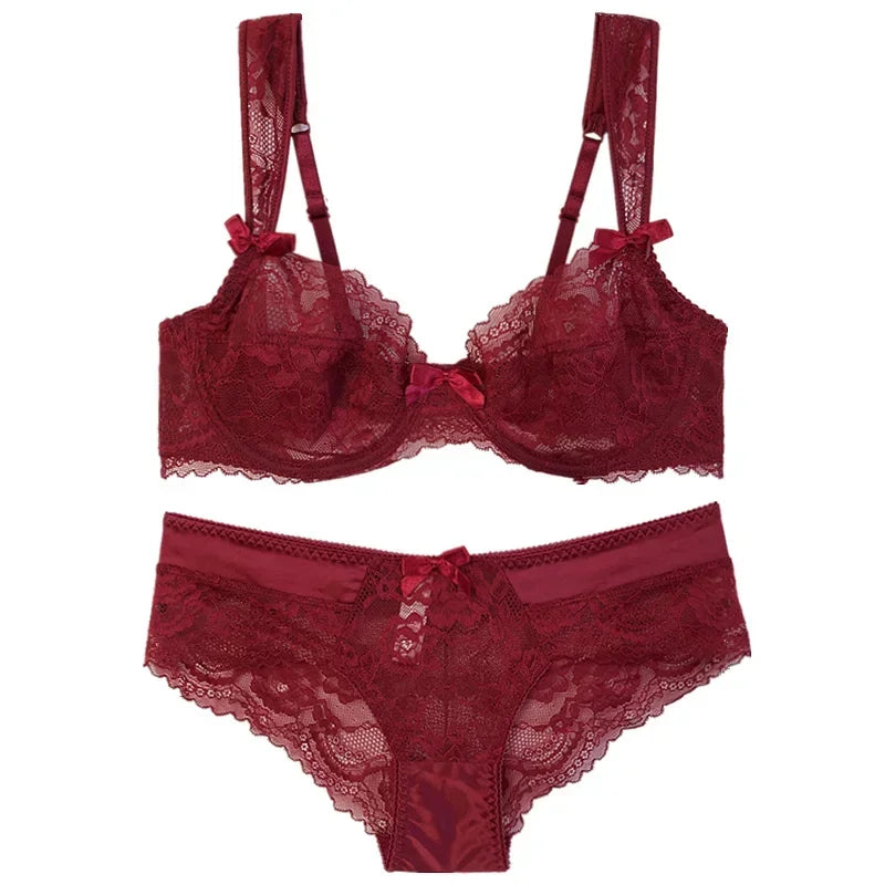 MOYISU French Romantic Ultra-thin Lace Sexy Transparent Gathering Big Breasts Show Small Underwire Bra Cover Underwear Set Women.