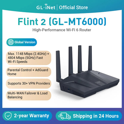 GL.iNet Flint 2 (GL-MT6000) home and office router, 8-Stream Wi-Fi 6 technology,OpenWrt,2.5G Ethernet ports,Parental control.