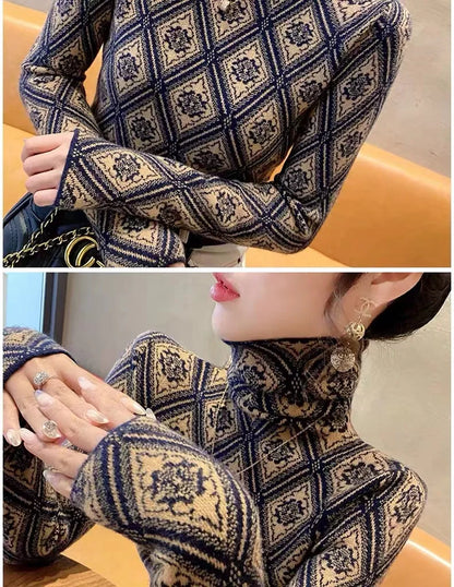 Frauen Kleidung Mode Rollkragen Argyle Stricken Pullover Herbst Winter Elegante Chic Schlanke Langarm Pullover Büro Dame Y2K Top