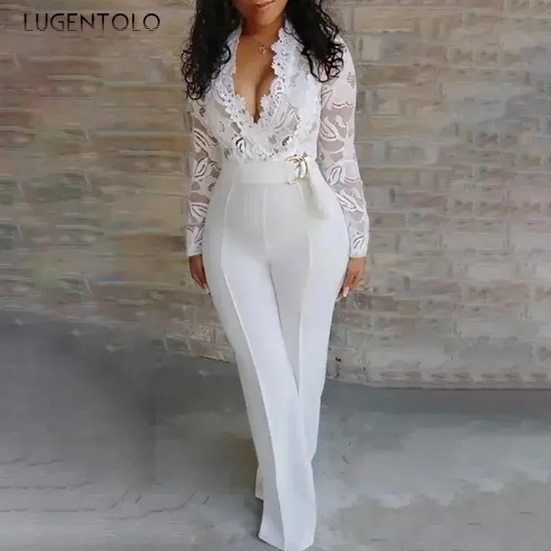 Women White Jumpsuit Lace Stitching Long Sleeve V-neck Large Size Wide Leg Pants Office Lady  Jumpsuits for Woman Lugentolo.