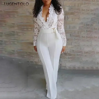 Women White Jumpsuit Lace Stitching Long Sleeve V-neck Large Size Wide Leg Pants Office Lady  Jumpsuits for Woman Lugentolo.