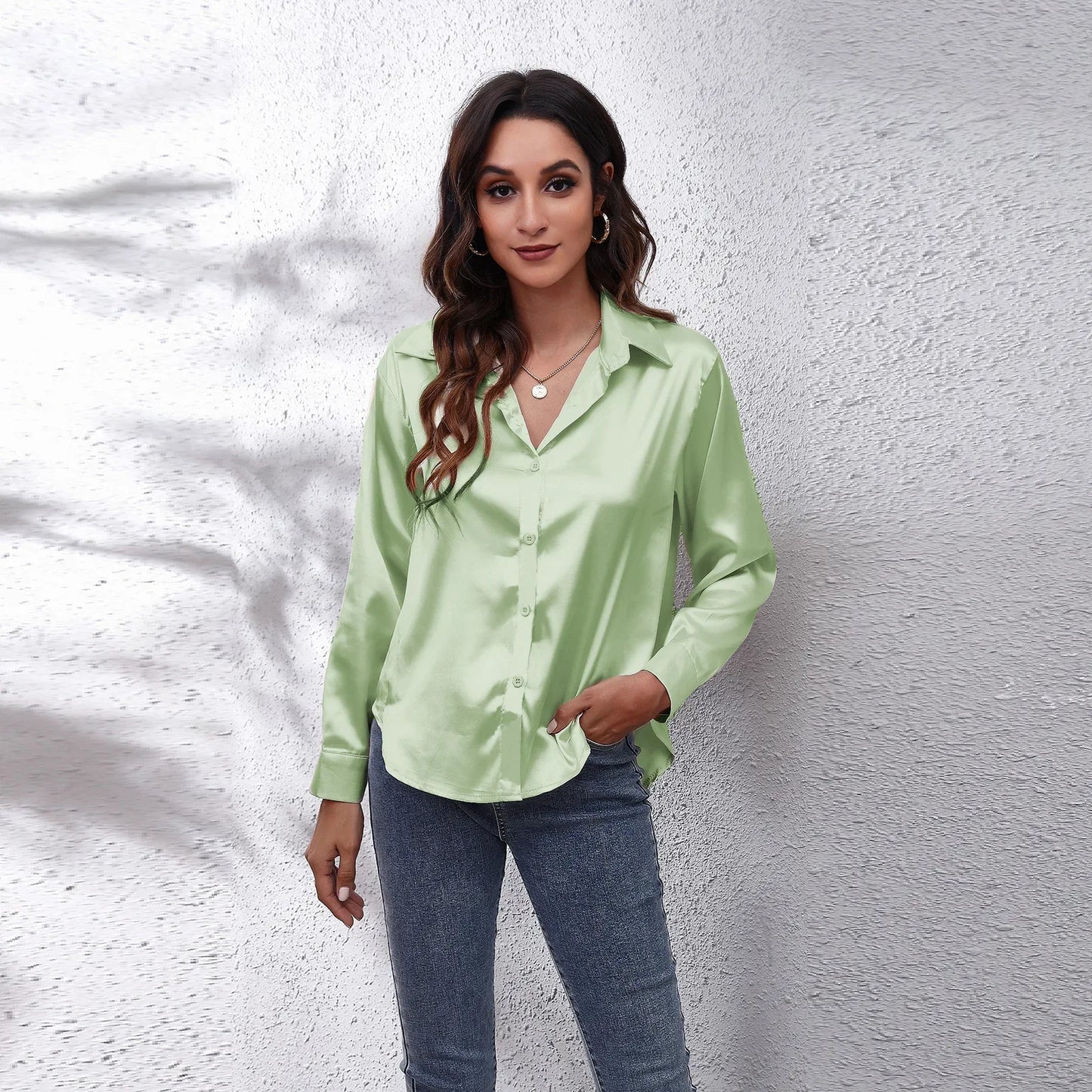 Autumn Women Solid Satin Shirt Long Sleeve Imitation Silk Loose Button Up Blouse Shirt Ladies Tops Fashion Clothing