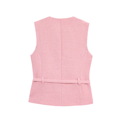 TRAFZA Frauen Elegante Solide Gürtel Westen Tops O Neck Metall Taste Ärmellose Weste Büro Dame Oberbekleidung Casual Blazer Tops.