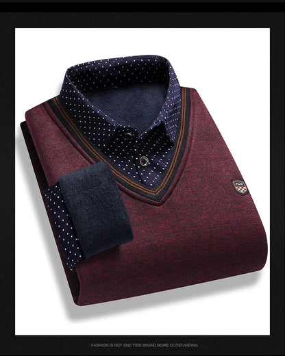 Men's Fleece Lining Sweater Autumn Winter Pullover Polo Shirt Collar Fake Two Piece Thick Warm Top Clothes Casual Knitwear.