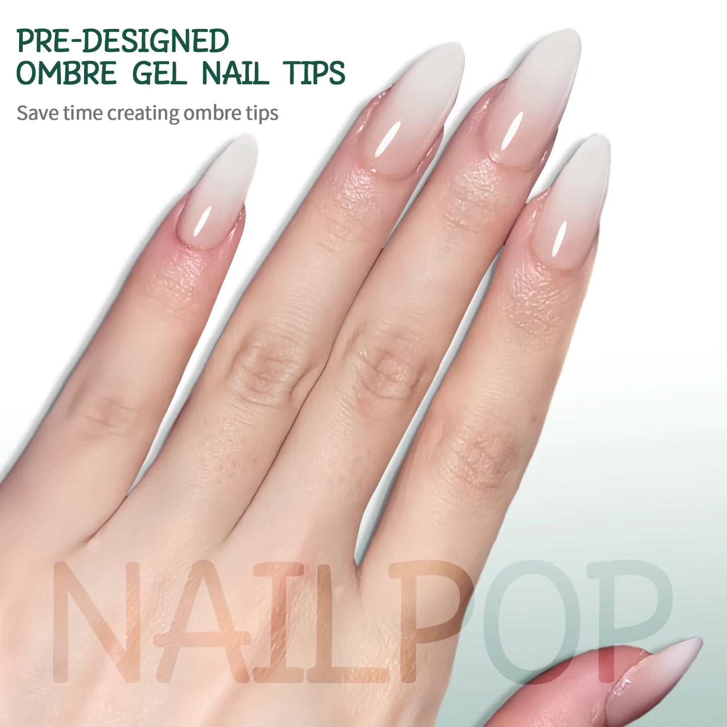NAILPOP 150Pcs 4 in 1 Ombre Gel Nail Tips White Gradient Soft Gel False Nail Tips Soak Off Fake Nails Extensions DIY 15 Sizes.