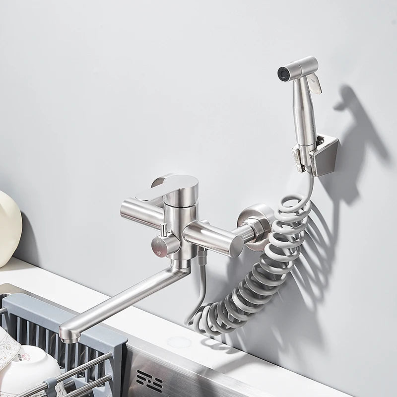 Kitchen Faucets Stainless Steel Wall Mounted Dual Hole Bathroom 360 Rotate Basin Faucet Cold Hot Water Mixer Taps With spray gun