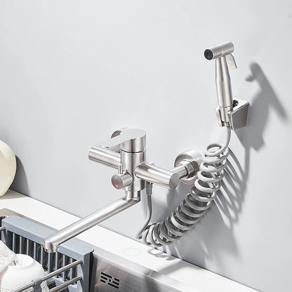 Kitchen Faucets Stainless Steel Wall Mounted Dual Hole Bathroom 360 Rotate Basin Faucet Cold Hot Water Mixer Taps With spray gun