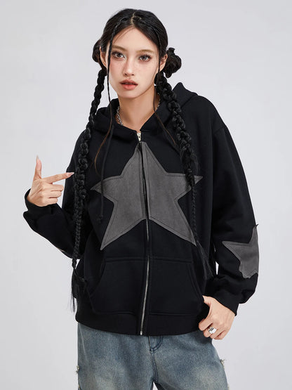 Y2K Vintage Star Print Hooded Hoodie for Women Casual Loose Long Sleeve Zip Up Drawstring Sweatshirts Autumn Spring Coat Street.