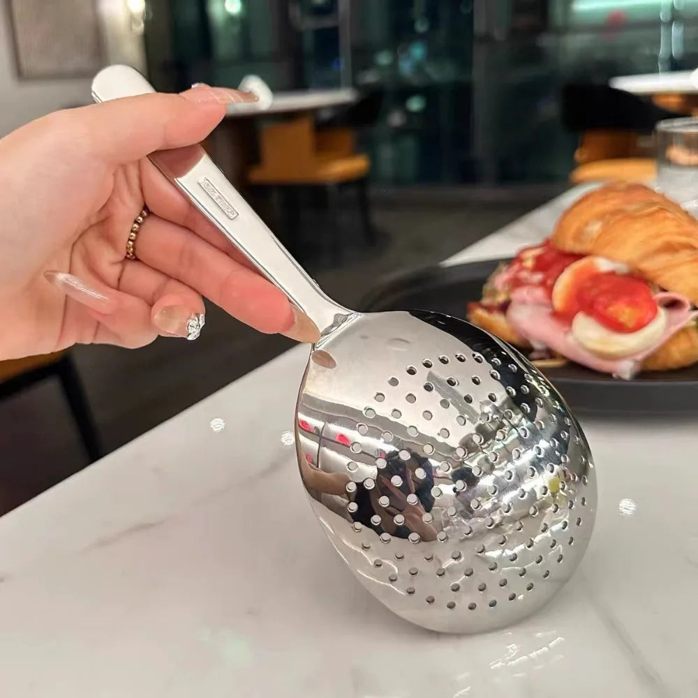 1Pc Big Head Stainless Steel Round Spoon Large Size Dining Spoon Rice Serving Spoon Drain Hole Heat Spoons Kitchen Tool Utensils.