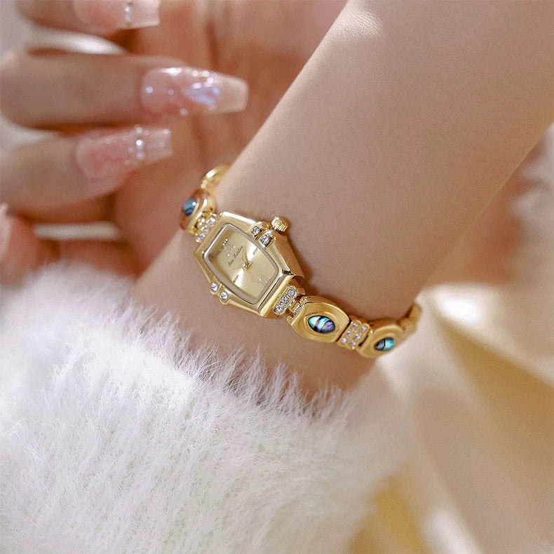 BS New Natural Black Gold Abalone Shell French Vintage Design Watch Woman Elegant Luxury Tonneau Dial Quartz Women's Watches.