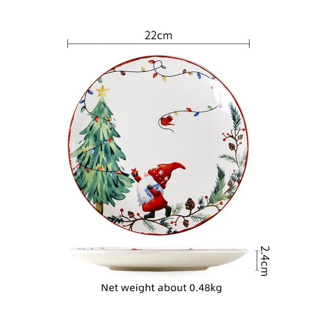 Christmas Ceramic Dinner Plate Set Household Underglaze Flat Round Dim Sum Decorative  Sushi.