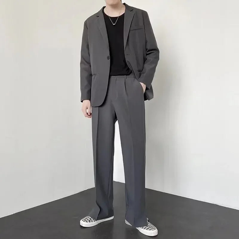 Men's Straight Baggy Casual Pants Korean Slit Personality Suit Trousers Fashion Formal Business Male Streetwear Gray Khaki Black