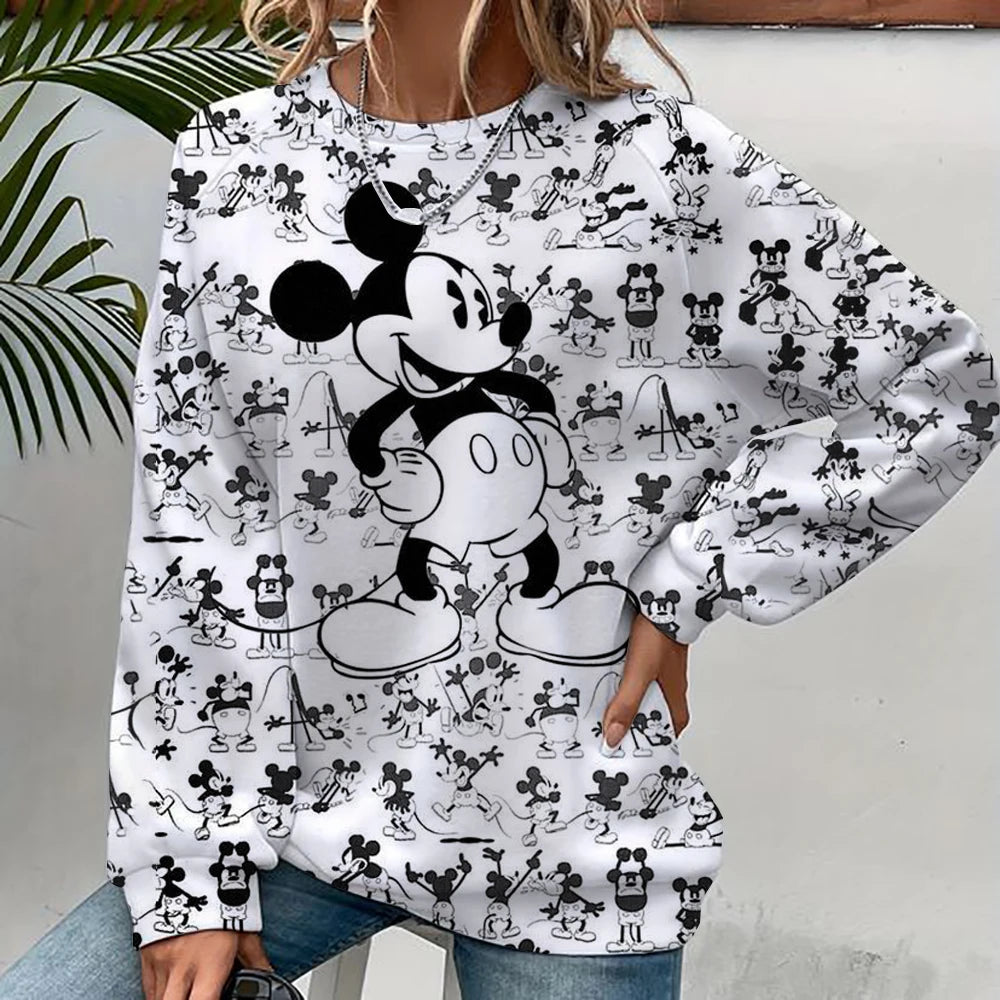Damen-Sweatshirt mit Mickey-Mouse-Aufdruck, High-Street-Damen-Hoodie, Kleidung mit Y2K-Muster, lässiger Rundhalspullover.