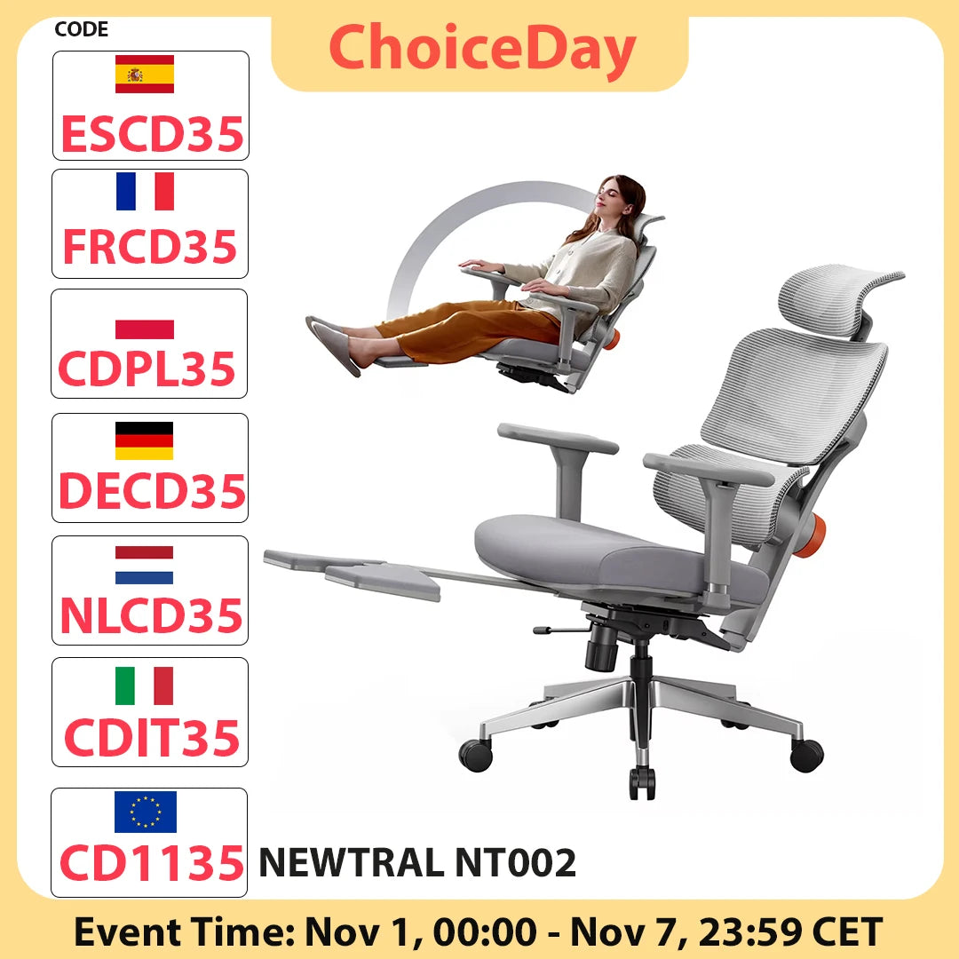 NEWTRAL NT002 Ergonomischer Stuhl, adaptive Untersetzer mit Fußstütze, 4 Rückenlehnen, verstellbare Rückenlehne, Armlehne, Kopfstütze