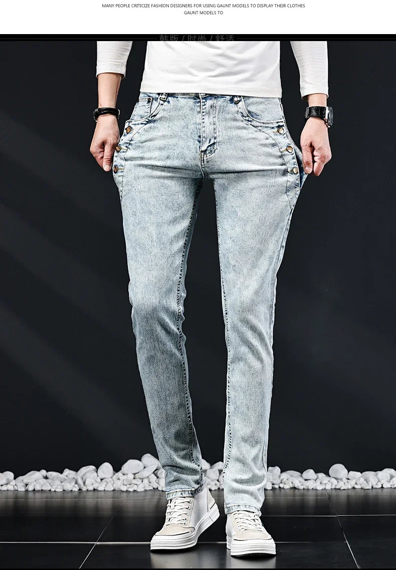 Slim Skinny Jeans Men New Elastic Korean Design Fashion Multi-Button Blue White Vintage Wash Cotton Stretch Denim Pants Trousers.