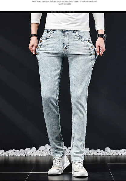 Slim Skinny Jeans Men New Elastic Korean Design Fashion Multi-Button Blue White Vintage Wash Cotton Stretch Denim Pants Trousers.