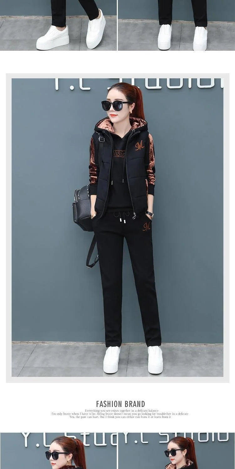 2024 Autumn Winter New Women's Casual Sweat Suit Fashion Plush Thickened Hooded Tops Waistcoat Pants 3 Three Piece Set For Women.