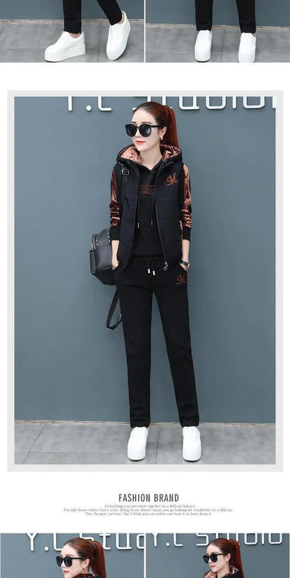 2024 Autumn Winter New Women's Casual Sweat Suit Fashion Plush Thickened Hooded Tops Waistcoat Pants 3 Three Piece Set For Women.