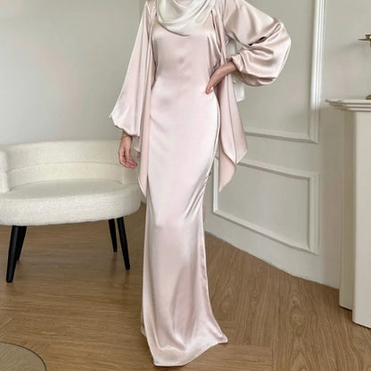 2-teiliges Saudi-Arabien muslimisches Damen-Abaya-Kleid aus Satin für Damen, Islam, Dubai, Urlaub, bescheidene Kleidung, 2024, elegante türkische Robe