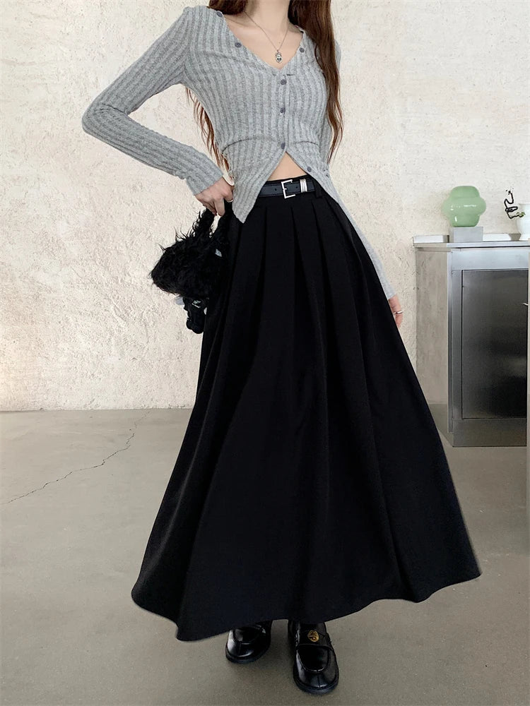2024 New Korean Skirt Women Solid Color Versatile Mid-length Pleated Skirt Large Swing Type Skirt Female Long Skirts for Women