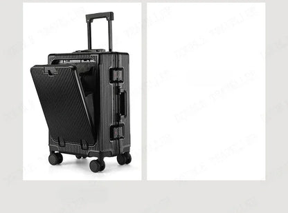 Vorne öffnender Rollgepäckkoffer mit großer Kapazität, Aluminiumrahmen, ABS + PC-Trolley, Koffer, USB-Lade-Boarding-Koffer.