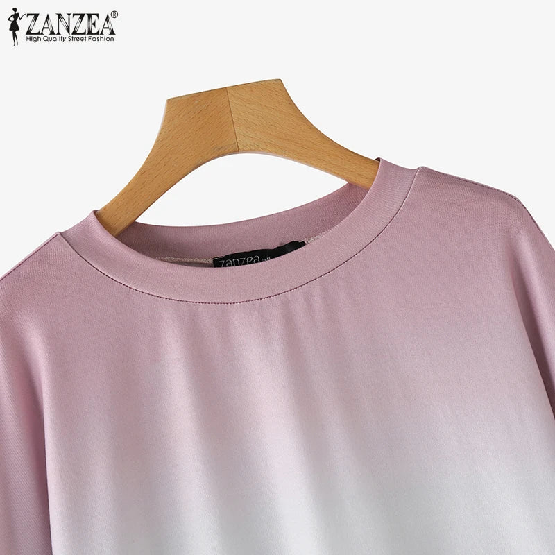 ZANZEA Plus Size Sweatshirts Women Long Sleeve Autumn Fashion Hoodies Gradient Color Round Neck Causal Loose Pullovers 2025 5XL.