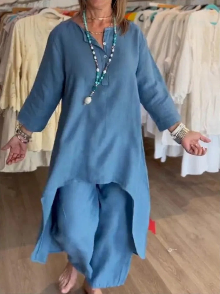 Spring Autumn Solid Color O Neck Seven-point Sleeve Long Women Suit Retro Casual Loose Seven-point Pants Cotton Linen 2piece Set.