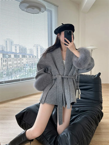 Mode Woolen Jacke mit gürtel Frauen Mantel 2025, Neue Herbst Winter Temperament Lose Strickjacke Weibliche Outwear