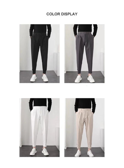 Fashion Men Casual Pants Elastic Waist Small Feet Slim Korean Style Pleated Tapered Male Blazer Pants Trousers Streetwear.
