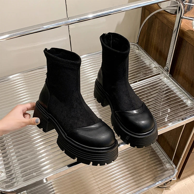 Vintage Platform Splicing Woman Ankle Boots Design Back Zippers Thick Sole Shoes  2025 Autumn Winter Short Botas Para Mujer.