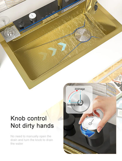 Golden Stainless Steel Waterfall Kitchen Sink Gold Embossed Extra Large Single Slot Digital Display Dishwashing Basin 100x50cm