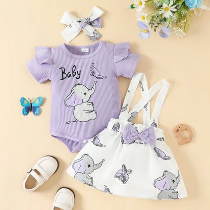 Prowow Günstige Preis Kleidung Baby Mädchen Outfits Set Niedlichen Elefanten Body und Hosenträger Kleid 3 stücke Neugeborene Geburt Set Kleidung